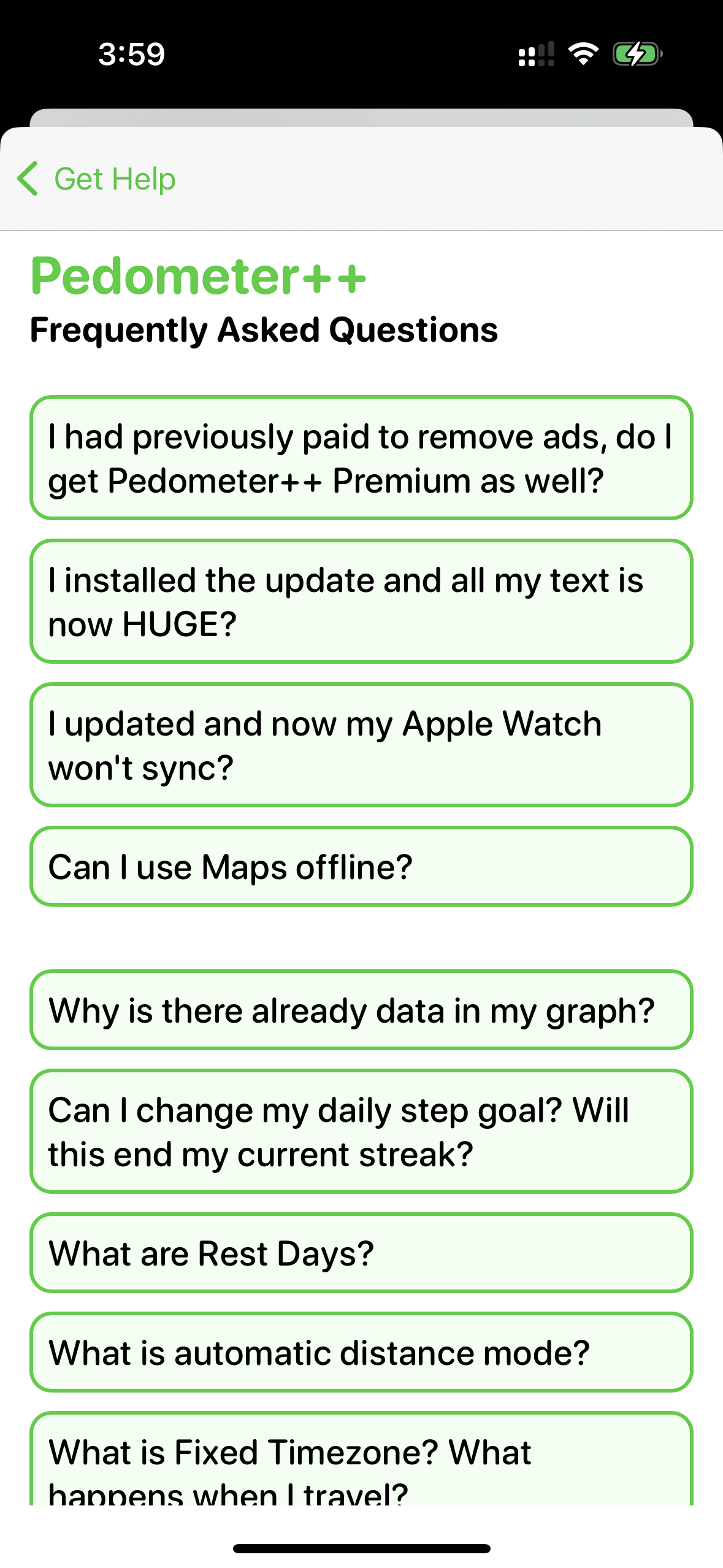 screenshot of a FAQ screen in pedometer++